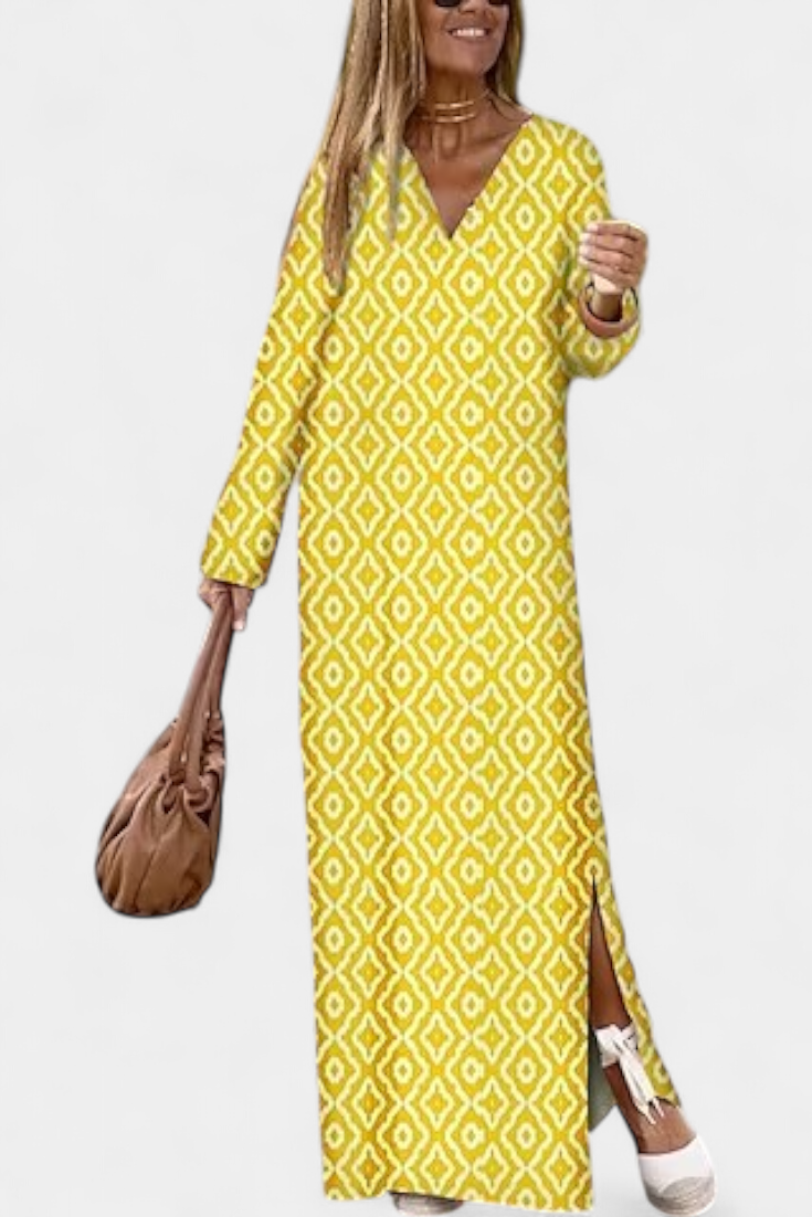 שמלת בריסה ארוכה גיאומטרית עם פתיחה ומחשוף בצורת V