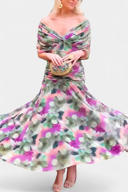 אלונדרה שמלה ארוכה עם הדפס פרחוני דמיוני ומחשוף בצורת V