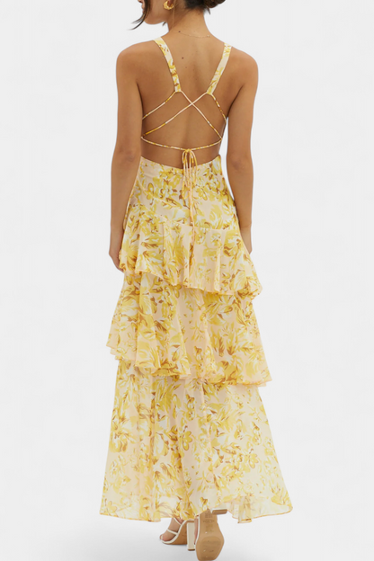 דומניקה שמלת גזע עם צוואר V ושכבות זורמות