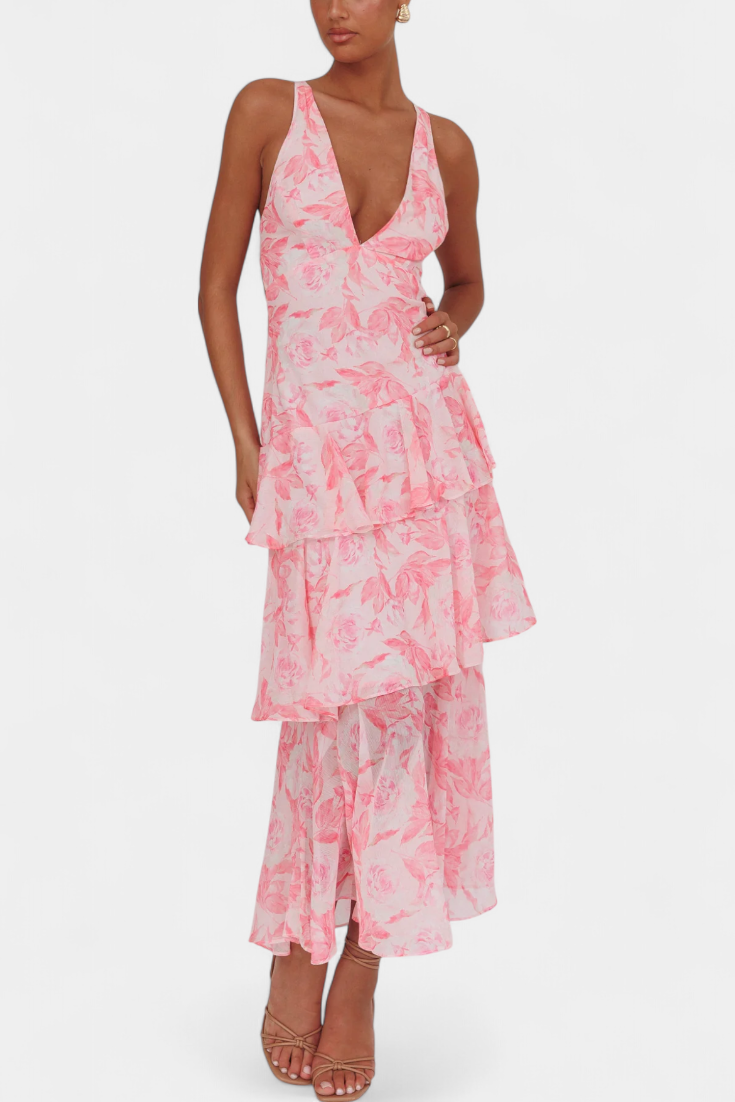 דומניקה שמלת גזע עם צוואר V ושכבות זורמות